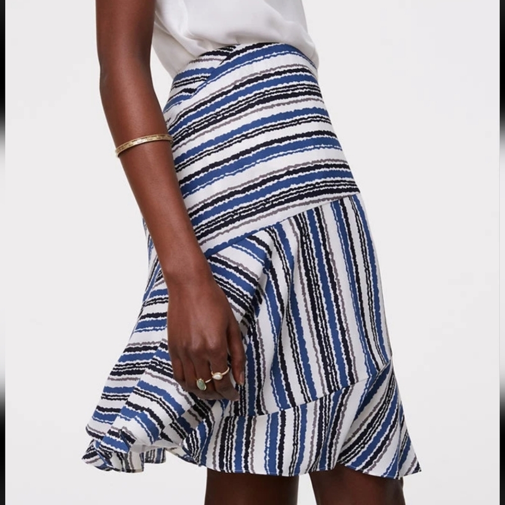 NWT LOFT Striped Blue, Black and White Flounce Skirt - Picture 1 of 12